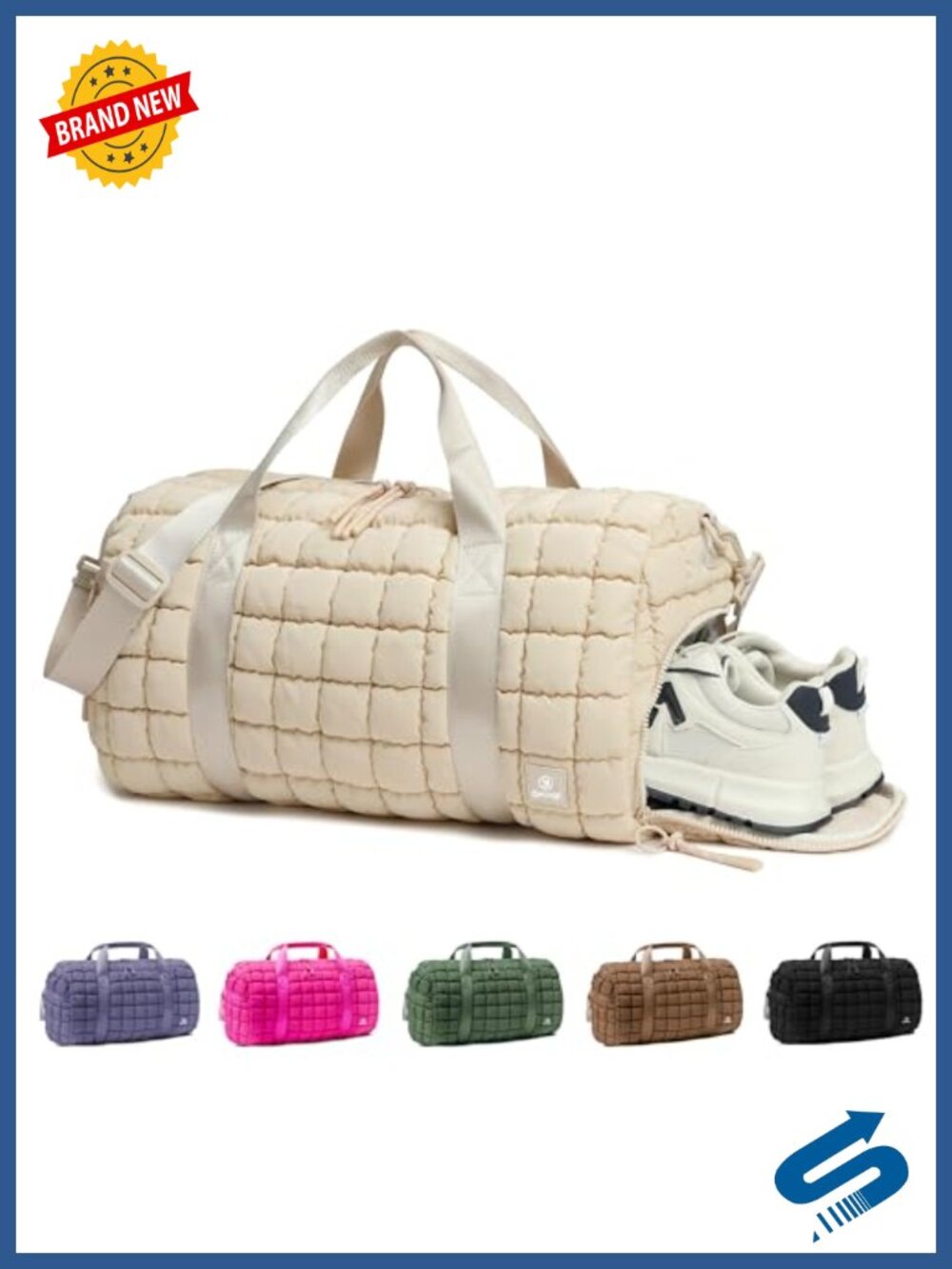 Quilted Gym Duffle Travel Weekender Bag Wet Pocket Shoe Compartment Nylon